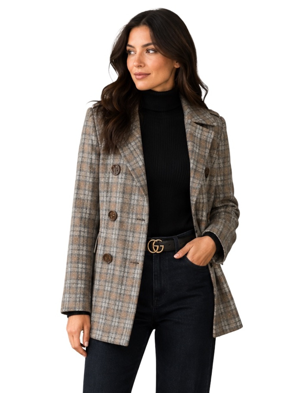 Banana Republic Factory Double Breasted Plaid Pea Coat Size Medium Gray Tan Wool